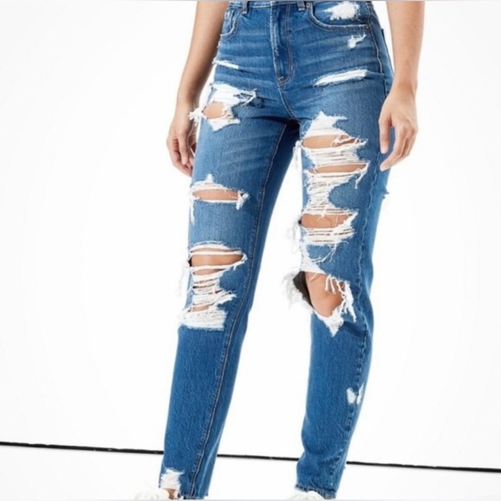 American Eagle Comfort Stretch Waistband Mom Jeans Ripped 3034 Size 00 Regular